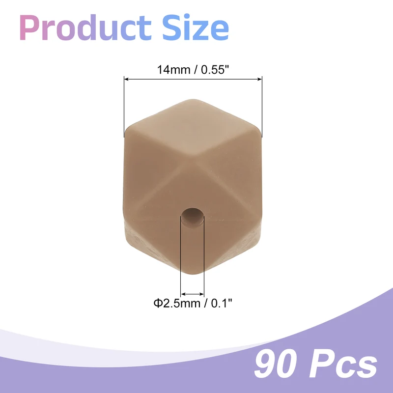 90 Pcs Silicone Beads, 14mm Loose Hexagon Rubber Focal Beads, Light Brown