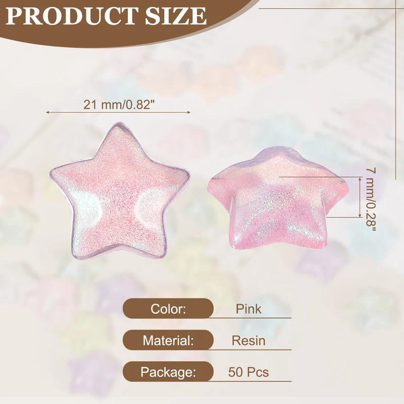 50 Pcs Flat Back Resin Star Beads, Glitter Star Charm, Pink