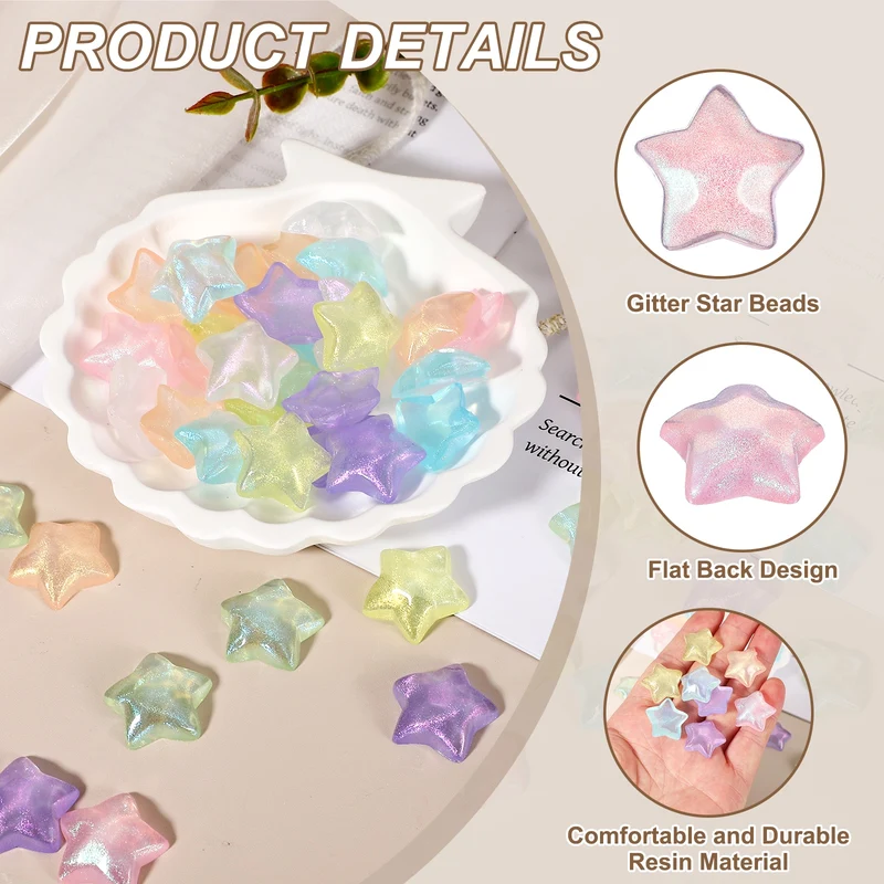 50 Pcs Flat Back Resin Star Beads, Glitter Star Charm, Pink