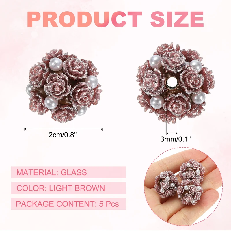 5 Pcs Rhinestone Focal Beads for Pens, 0.8" Glass Flower Beads, Light Brown