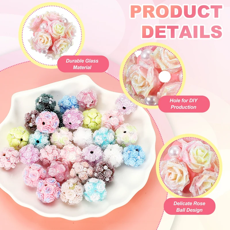 10 Pcs Rhinestone Focal Beads for Pens, 0.8" Glass Flower Beads, Pink/Yellow