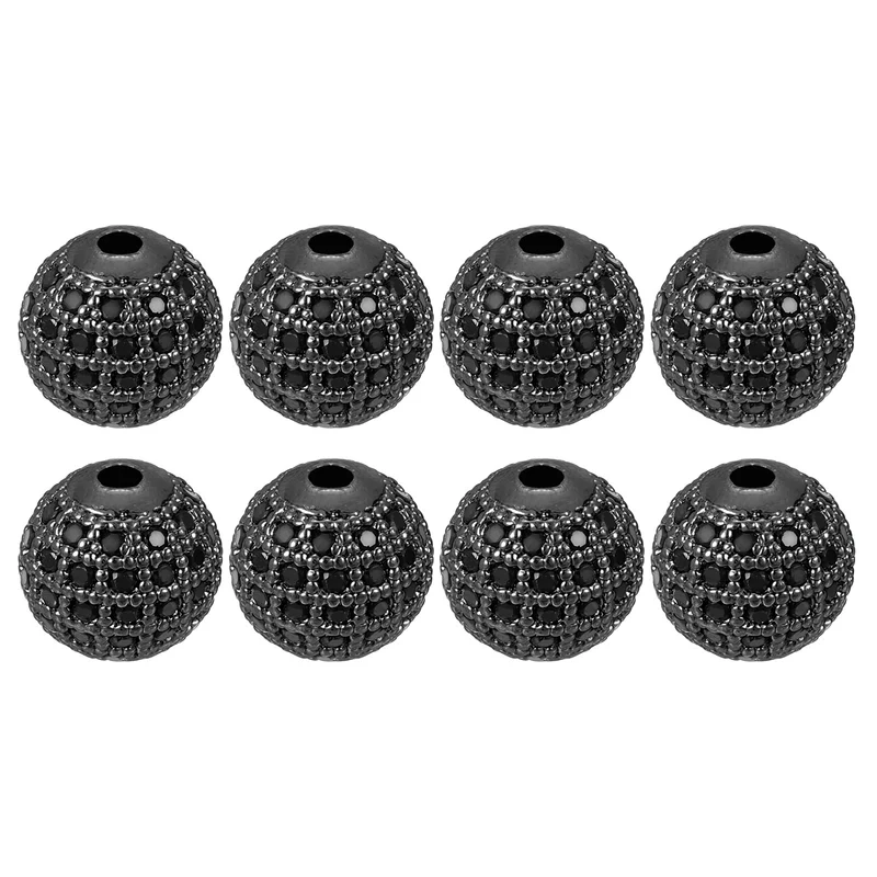 8Pcs Charm Rhinestone Beads 10mm Round Zircon Pave Bead Black Metallic Black