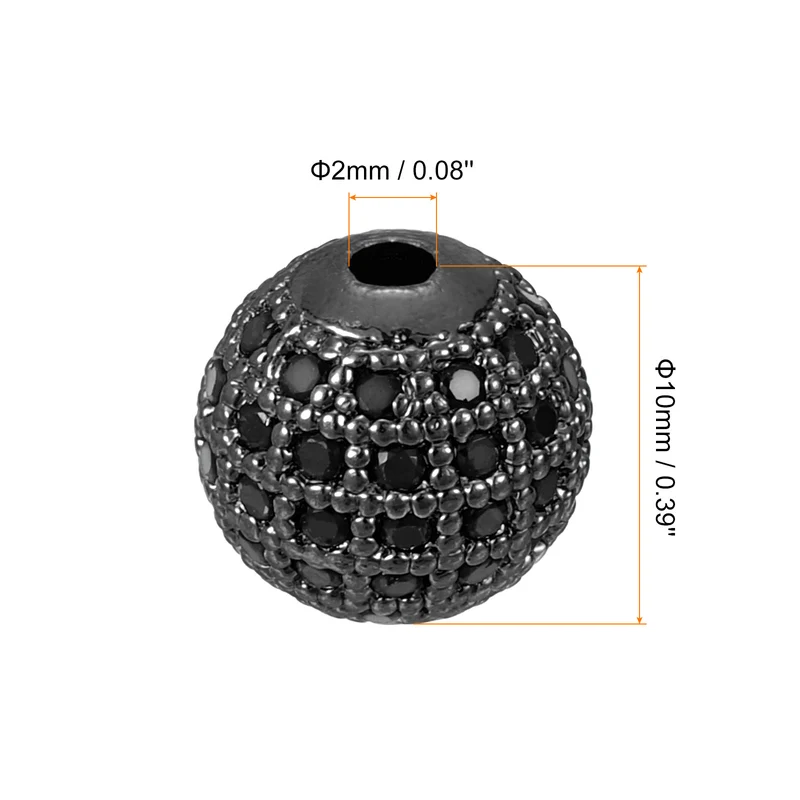 8Pcs Charm Rhinestone Beads 10mm Round Zircon Pave Bead Black Metallic Black