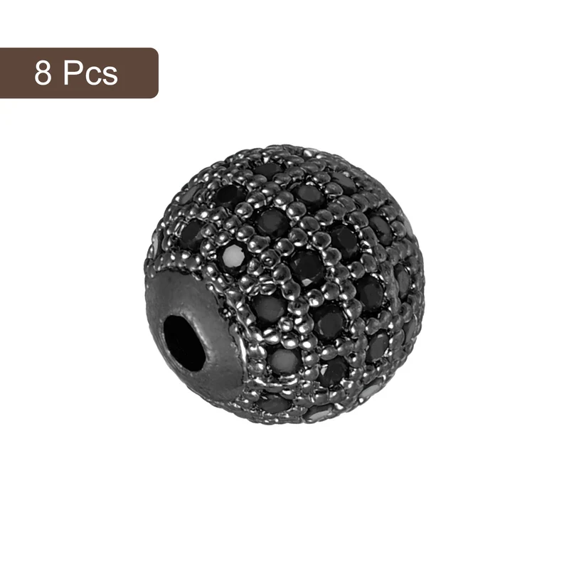 8Pcs Charm Rhinestone Beads 10mm Round Zircon Pave Bead Black Metallic Black