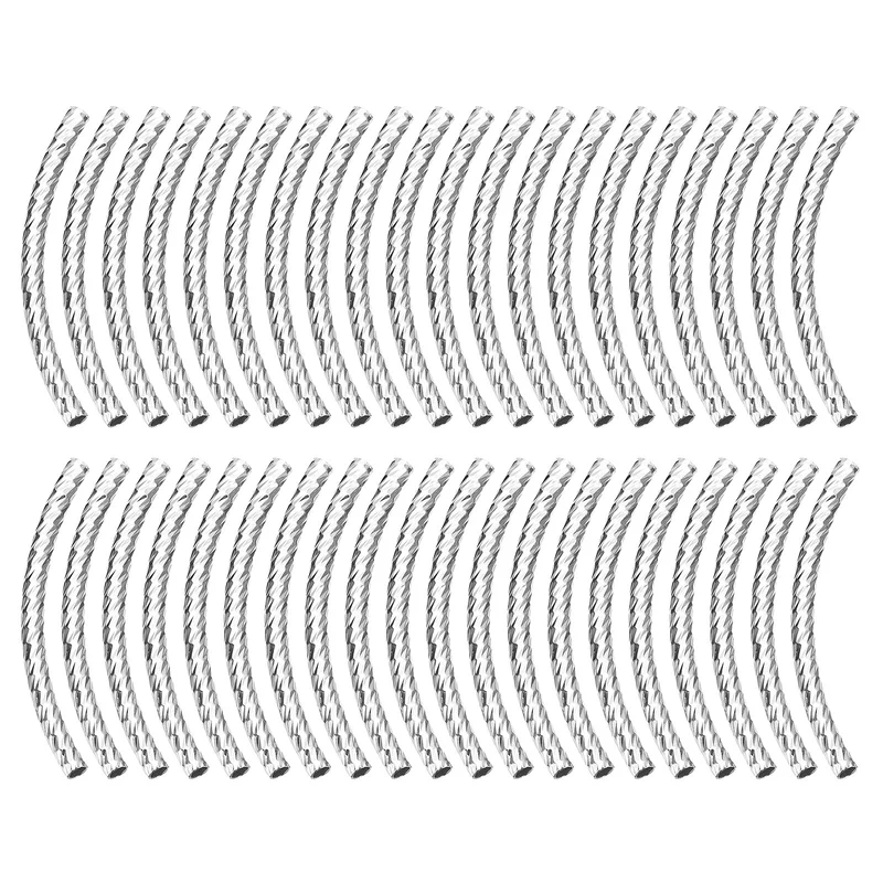 60Pcs Brass Curved Tube Beads, 3x40mm Noodles Spacer Bead, Silver White