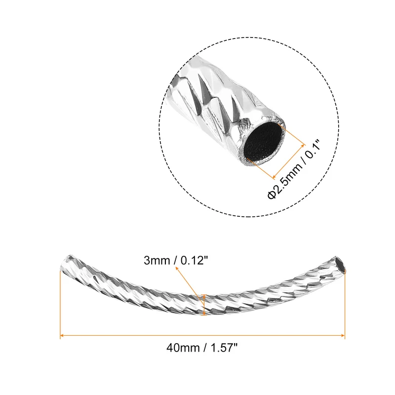 60Pcs Brass Curved Tube Beads, 3x40mm Noodles Spacer Bead, Silver White