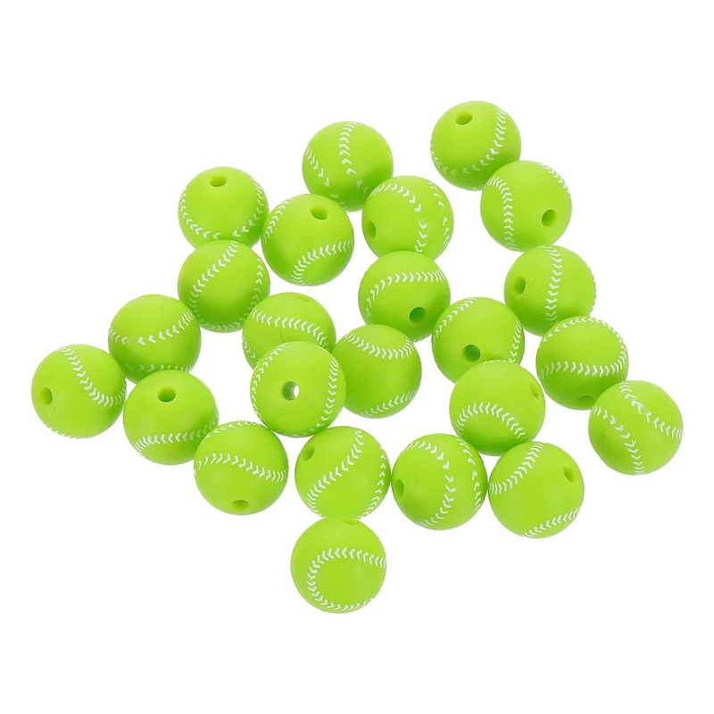 Sports Ball Beads, 24Pcs 12mm Silicone Round Spacer Focal Bead (Green Baseball)