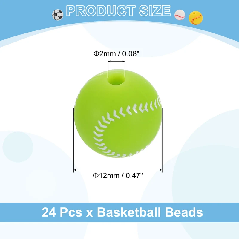 Sports Ball Beads, 24Pcs 12mm Silicone Round Spacer Focal Bead (Green Baseball)
