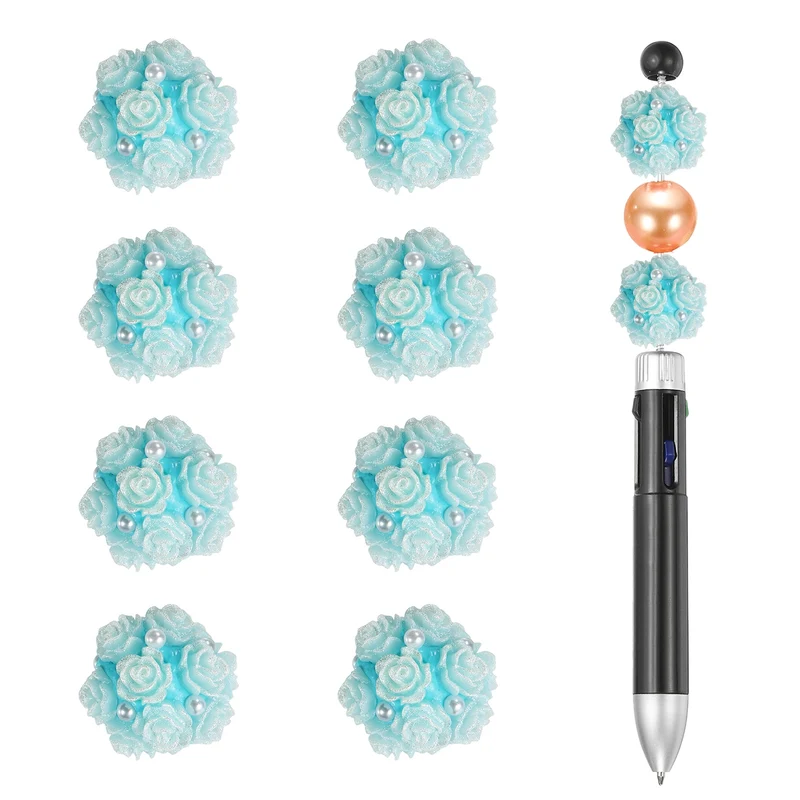 10 Pcs Rhinestone Focal Beads for Pens, 0.8" Glass Flower Beads, Light Blue