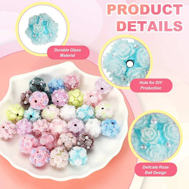10 Pcs Rhinestone Focal Beads for Pens, 0.8" Glass Flower Beads, Light Blue