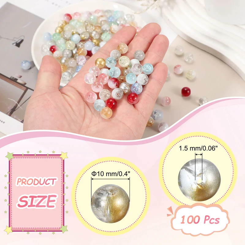 100Pcs Crackle Glass Beads for Jewelry Making 10mm Round Beads Gold/Silver