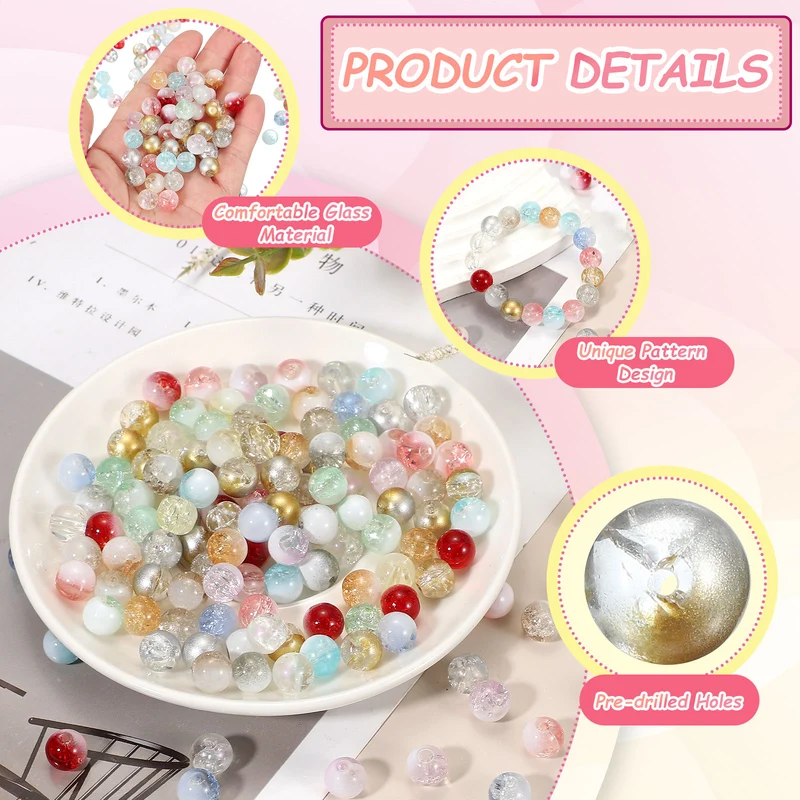 100Pcs Crackle Glass Beads for Jewelry Making 10mm Round Beads Gold/Silver