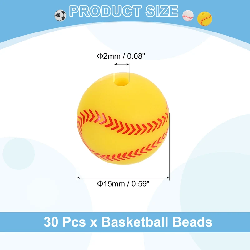 30Pcs Sports Ball Beads 15mm Silicone Round Spacer Focal Bead Yellow Baseball