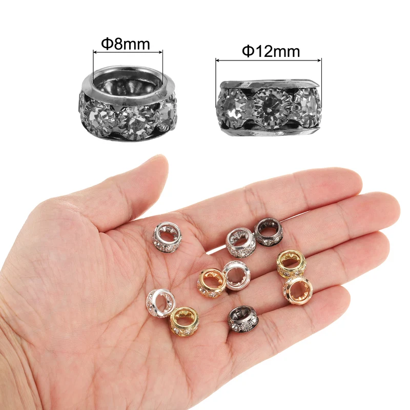 40 Pcs 12mm Large Hole Rhinestone Beads, European Bulk Spacer Bead (Black)