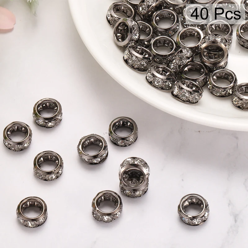 40 Pcs 12mm Large Hole Rhinestone Beads, European Bulk Spacer Bead (Black)