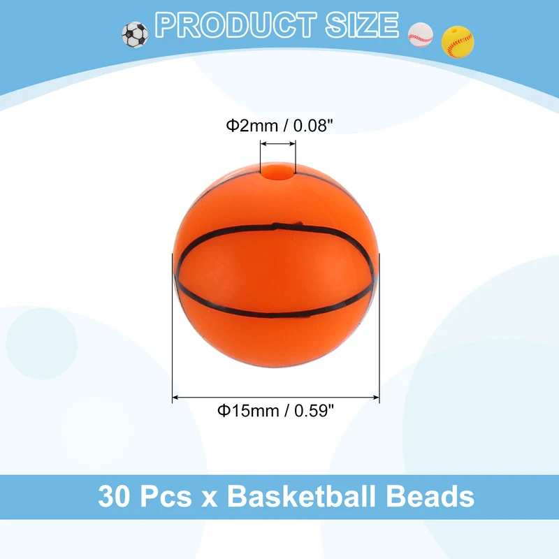 30Pcs Sports Ball Beads 15mm Silicone Round Spacer Focal Bead Basketball