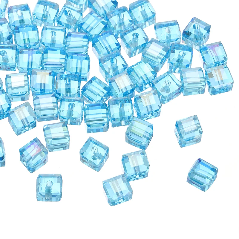 50Pcs Cube Crystal Glass Beads, 8mm Sparkle Faceted Loose Bead (Sky Blue)