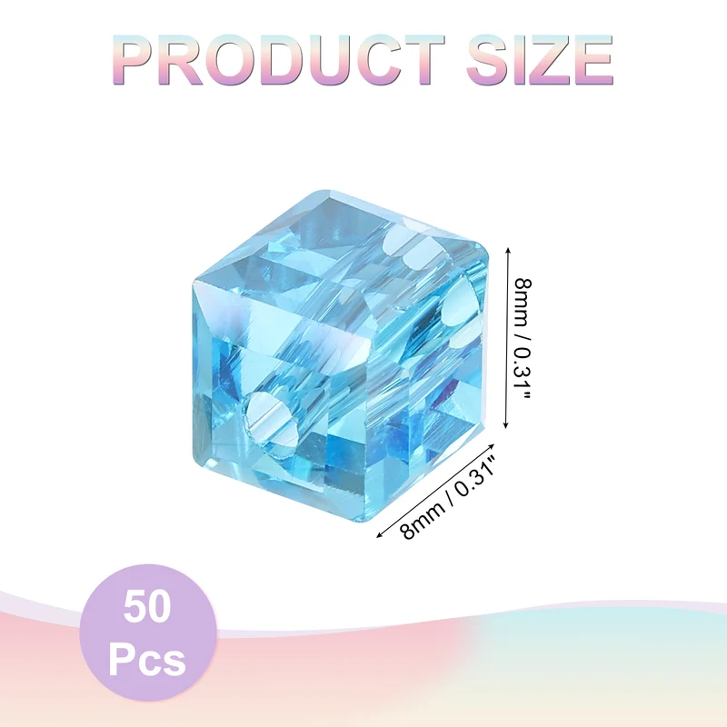 50Pcs Cube Crystal Glass Beads, 8mm Sparkle Faceted Loose Bead (Sky Blue)
