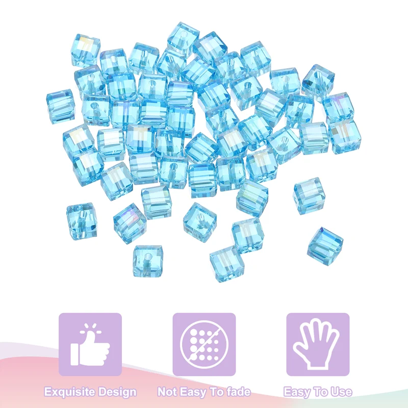 50Pcs Cube Crystal Glass Beads, 8mm Sparkle Faceted Loose Bead (Sky Blue)