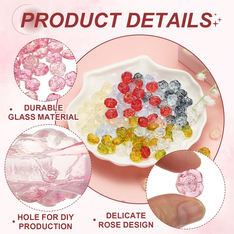50Pcs Rose Beads 0.55" Glass Flower Rose Charm Rose Red