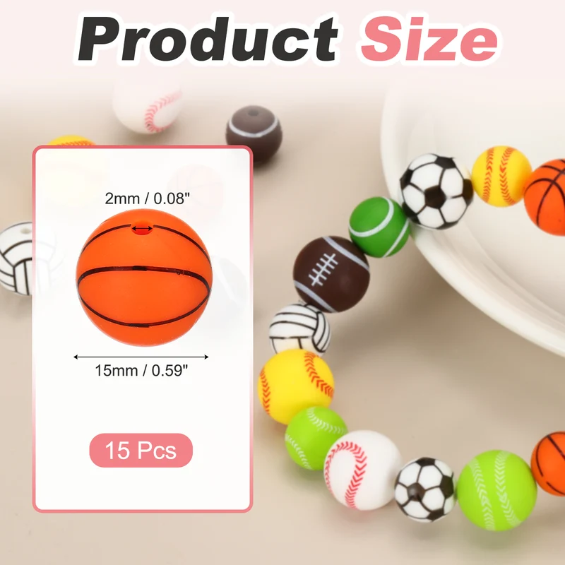 15 Pcs Silicone Sports Beads, 15mm Ball Shaped Beads, Basketball