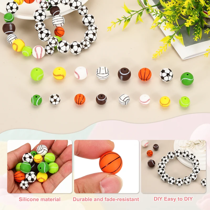 15 Pcs Silicone Sports Beads, 15mm Ball Shaped Beads, Basketball