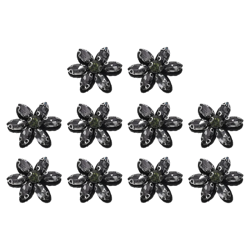 10Pcs Handmade Flower Beaded Patches Glass Crystal Appliques Black