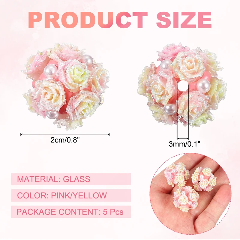 5 Pcs Rhinestone Focal Beads for Pens, 0.8" Glass Flower Beads, Pink/Yellow