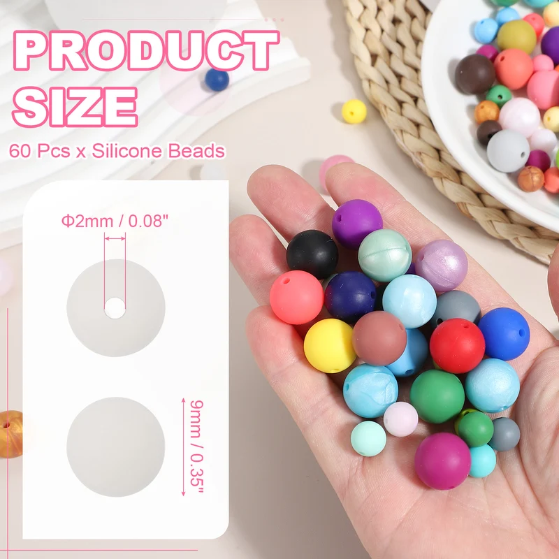 60 Pcs Silicone Beads, 9mm Bulk Beads for Keychain Making, White