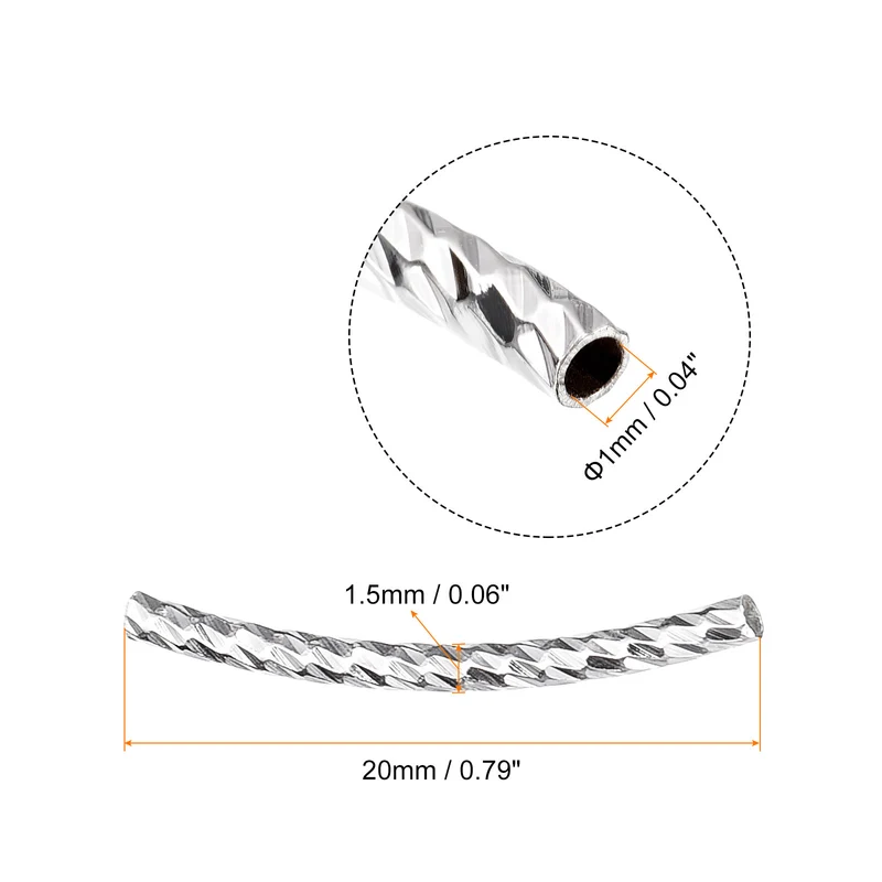 60Pcs Brass Curved Tube Beads, 1.5x20mm Noodles Spacer Bead, Silver White