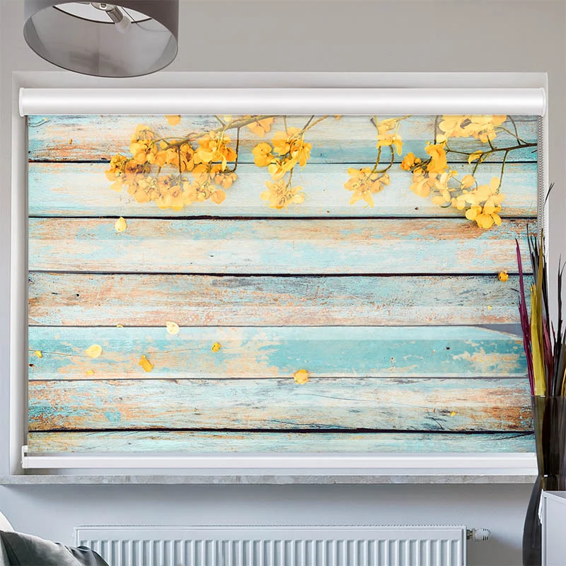 Doppelrollo mit Kassette "Gelbe Blueten auf Vintage Holz"