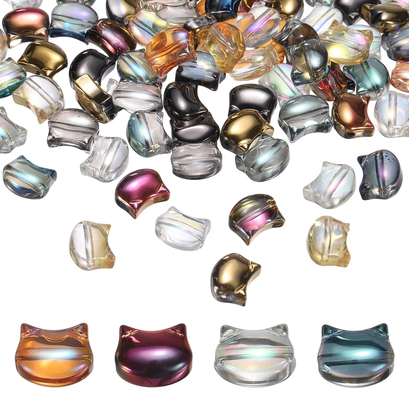 120Pcs Cat Head Glass Beads, Glass Cat Head Bead, Multicolor