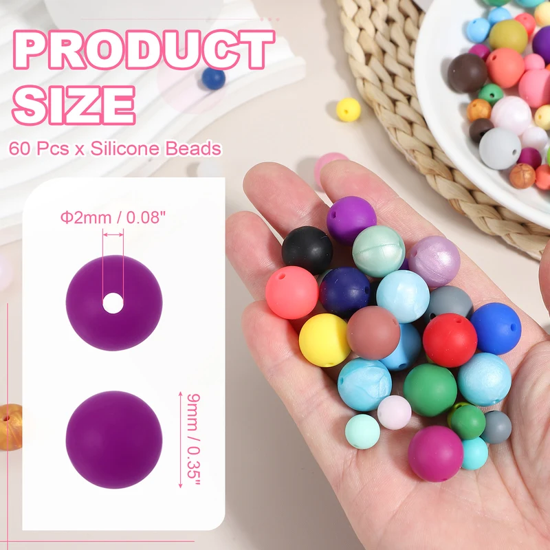 60 Pcs Silicone Beads, 9mm Bulk Beads for Keychain Making, Deep Purple