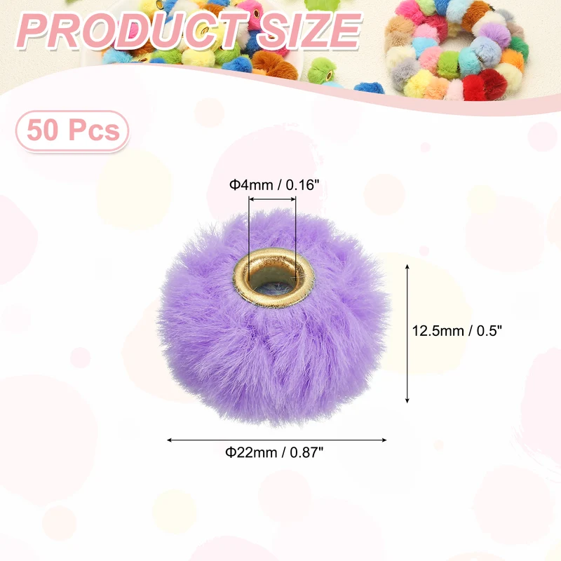 50Pcs Pom Pom Beads, Faux Fur Fuzzy Spacers Bead with 4mm Hole, Purple