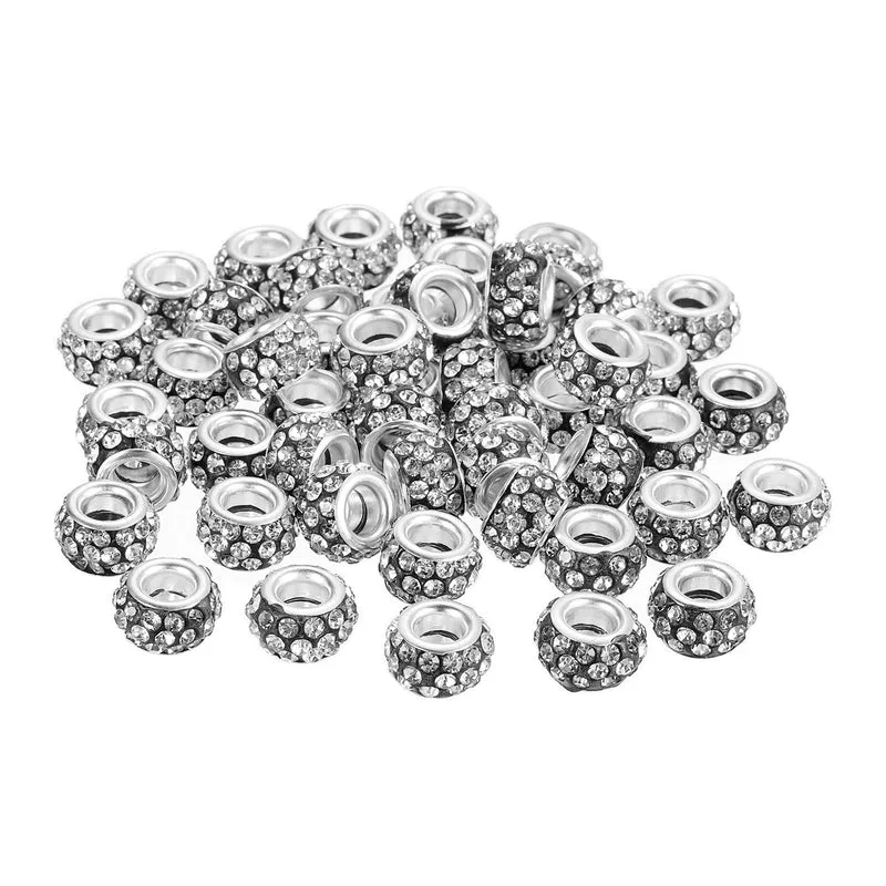 50Pcs European Large Hole Beads, Rhinestone Craft Beads, Black White