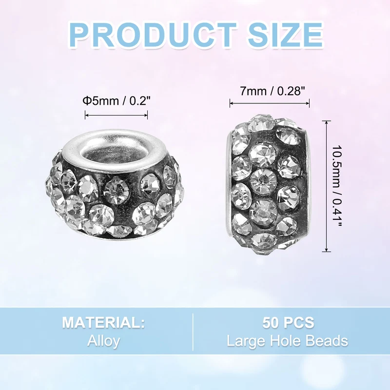 50Pcs European Large Hole Beads, Rhinestone Craft Beads, Black White