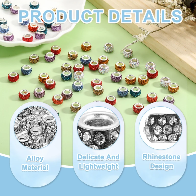 50Pcs European Large Hole Beads, Rhinestone Craft Beads, Black White