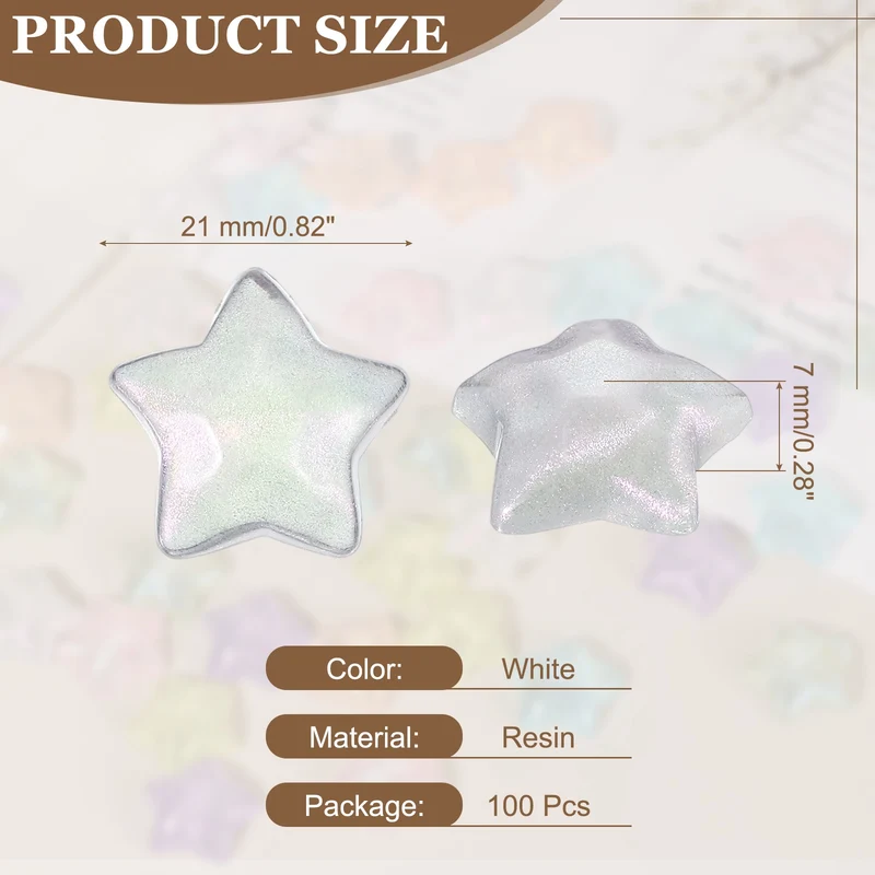 100 Pcs Flat Back Resin Star Beads, Glitter Star Charm, White