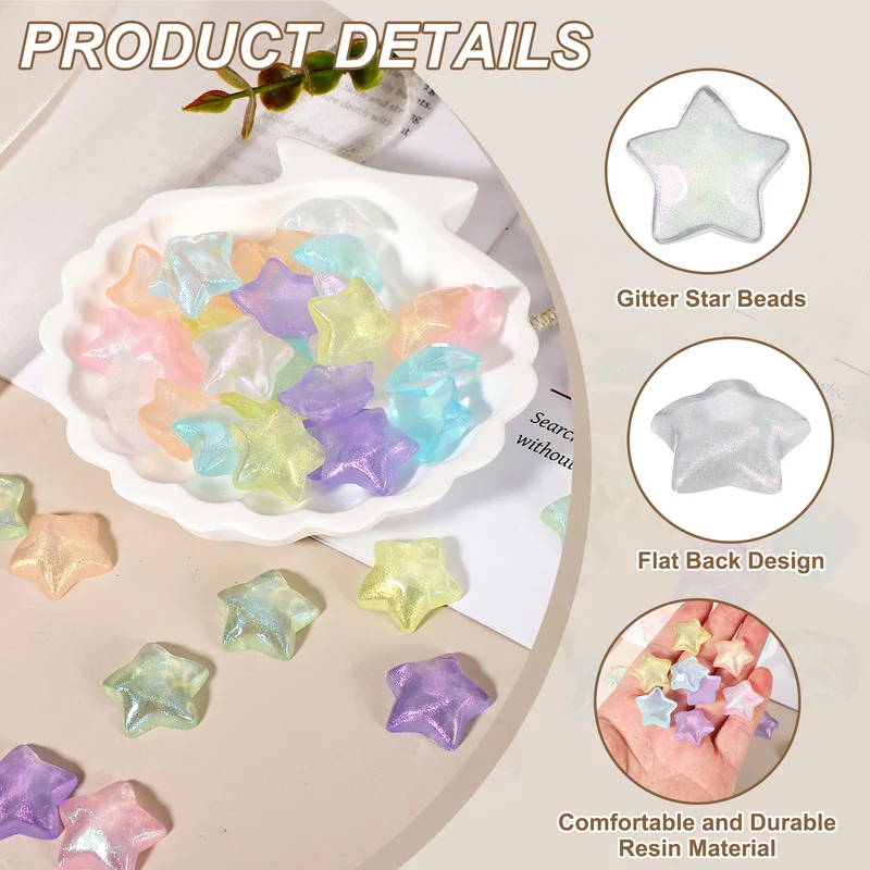 100 Pcs Flat Back Resin Star Beads, Glitter Star Charm, White