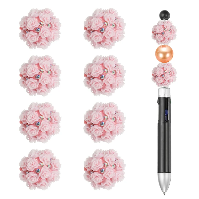 10 Pcs Rhinestone Focal Beads for Pens, 0.8" Glass Flower Beads, Pink/White