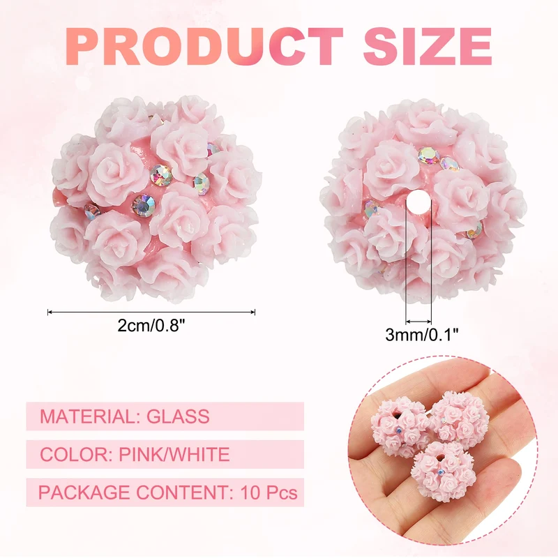10 Pcs Rhinestone Focal Beads for Pens, 0.8" Glass Flower Beads, Pink/White