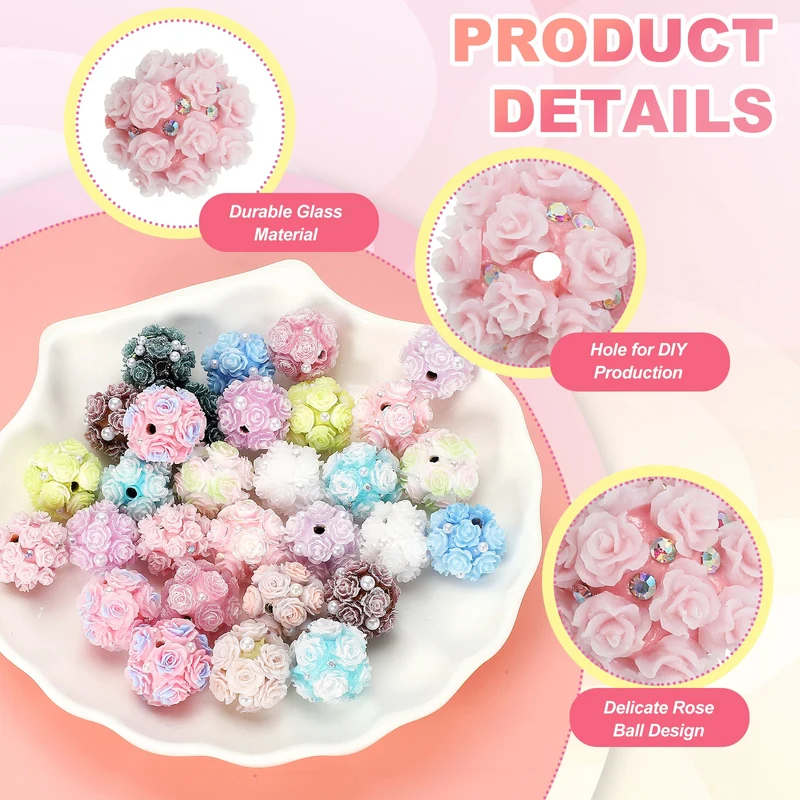 10 Pcs Rhinestone Focal Beads for Pens, 0.8" Glass Flower Beads, Pink/White