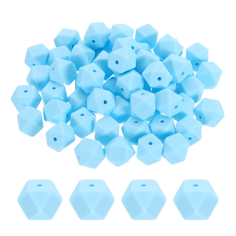 90Pcs Silicone Beads 14mm Loose Hexagon Rubber Focal Beads Lake Blue
