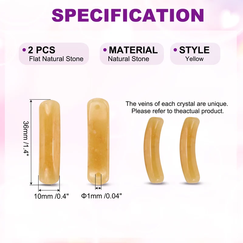 2 Pcs Natural Stone, 36 x 10 mm Natural Curved Clear Quartz Stone Crystal Handmade Jade Flat Beads for DIY Crafting, Yellow