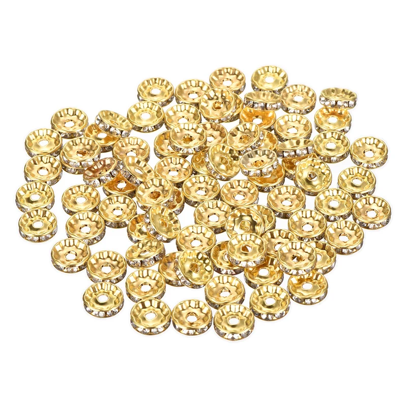 80Pcs 10mm Rhinestone Rondelle Spacer Beads, Imitation Gold