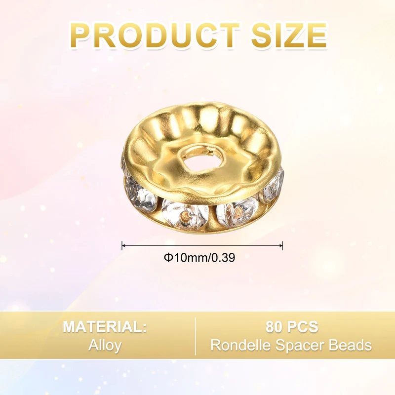 80Pcs 10mm Rhinestone Rondelle Spacer Beads, Imitation Gold