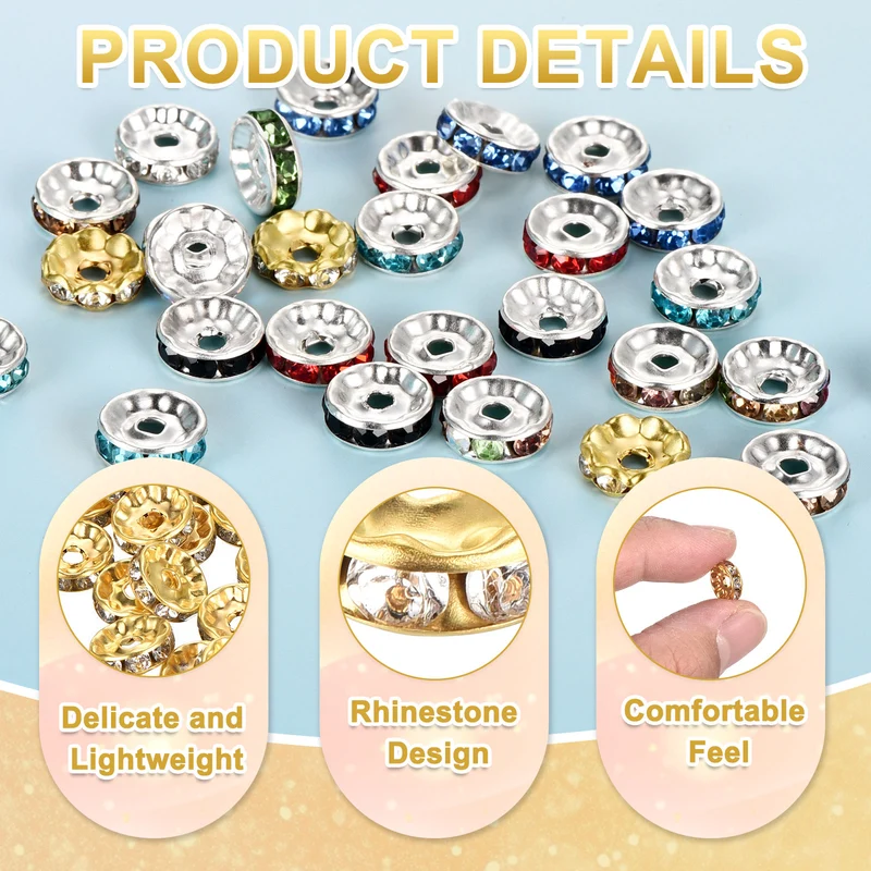 80Pcs 10mm Rhinestone Rondelle Spacer Beads, Imitation Gold