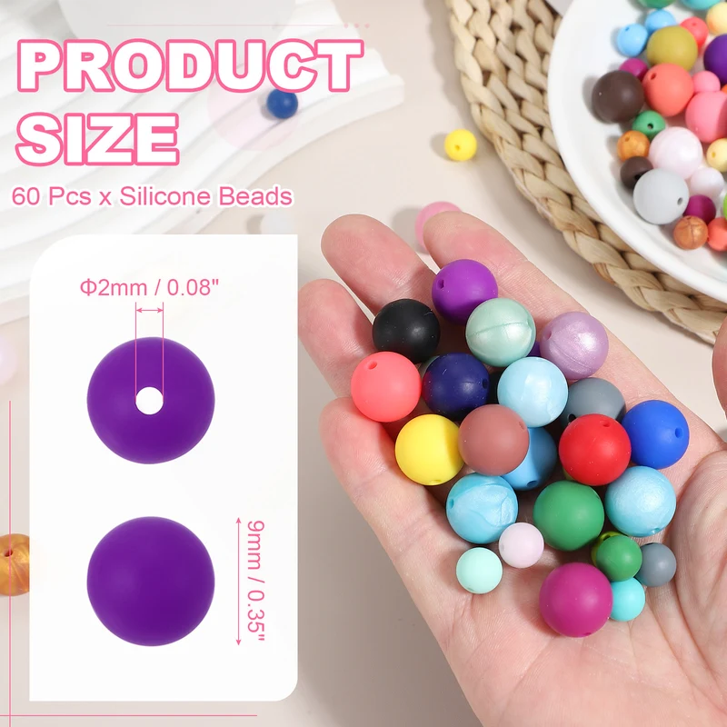 60 Pcs Silicone Beads, 9mm Bulk Beads for Keychain Making, Purple