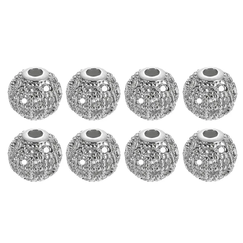 8Pcs Charm Rhinestone Beads 6mm Round Zircon Pave Beads White White Gold