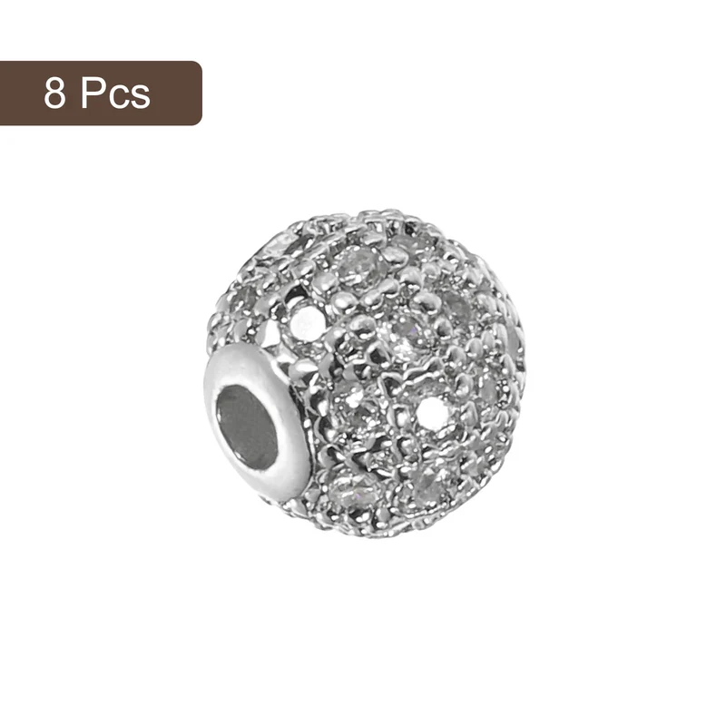 8Pcs Charm Rhinestone Beads 6mm Round Zircon Pave Beads White White Gold